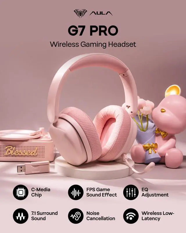 Alt view image 9 of 14 - X Aula G7 Pro Wireless Gaming Headset, Dual Mode BT5.3 & 2.4GHz, 7.1 Surround Sound, 80+ Hour Battery, RGB Light, with Noise Canceling Mic for PS5, PS4, Switch, PC (Pink)
