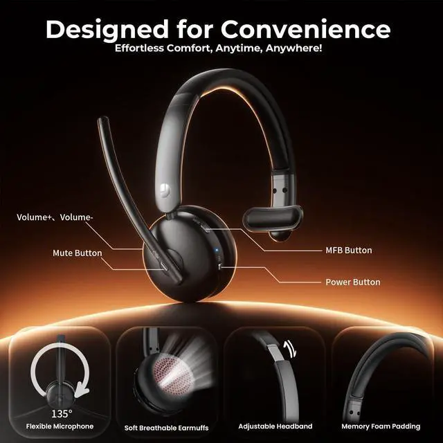 Alt view image 13 of 14 - Wireless Headset with Mic for Work, Bluetooth Headset with Mic, AI Noise Cancelling, 65H Battery & Mute Function, Single-Ear Wireless Headset & USB Dongle, Fit for PC/Laptop/Teams/Call Center