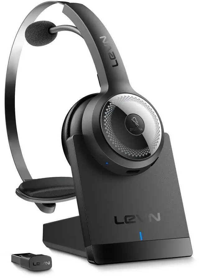 Alt view image 7 of 12 - Wireless Headset with Mic for Work, Wireless Headset (Charging Base, Noise Cancelling & Mute Button), Long Battery Life, Bluetooth Headsets for Home/Office/Call Center/Laptop/Teams/Zoom, Black