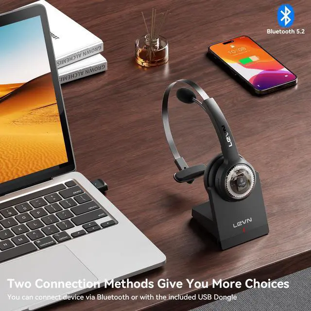 Alt view image 9 of 12 - Wireless Headset with Mic for Work, Wireless Headset (Charging Base, Noise Cancelling & Mute Button), Long Battery Life, Bluetooth Headsets for Home/Office/Call Center/Laptop/Teams/Zoom, Black