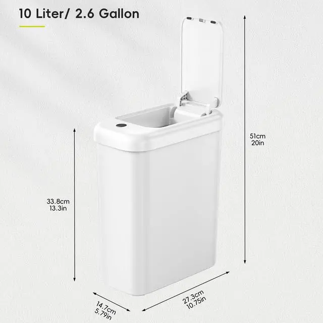 Alt view image 9 of 14 - Automatic Bathroom Trash Can with Lid, 2.6 Gallon Slim Touchless Garbage Can, Waterproof Motion Sensor Trash Bin for Bathroom, Office, Kitchen, White