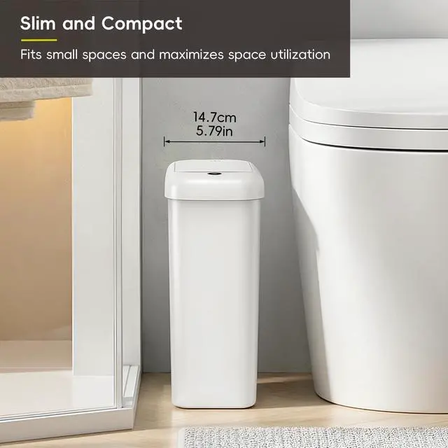 Alt view image 14 of 14 - Automatic Bathroom Trash Can with Lid, 2.6 Gallon Slim Touchless Garbage Can, Waterproof Motion Sensor Trash Bin for Bathroom, Office, Kitchen, White