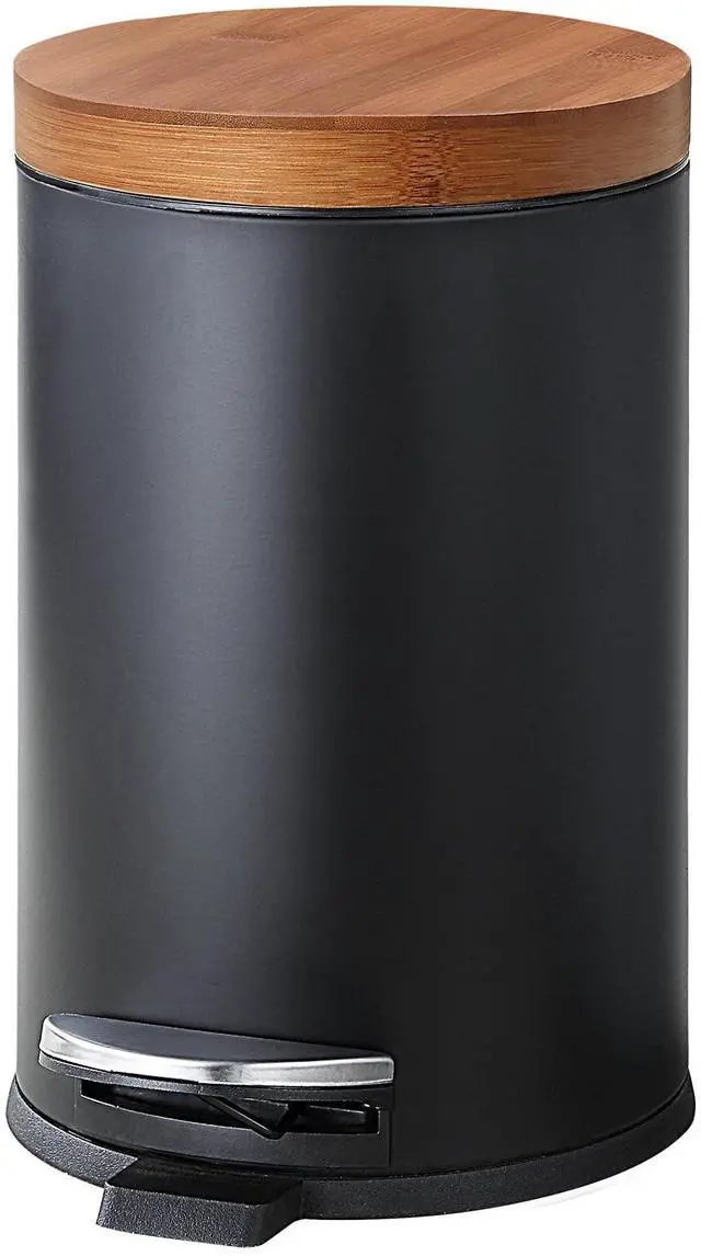 Alt view image 6 of 15 - Elite Bamboo Lid 4.5 Liter / 1.2 Gallon Round Trash Can with Plastic Inner Bucket; Bathroom, Office, Kitchen and Bedroom Step On and Slow Close (Black)