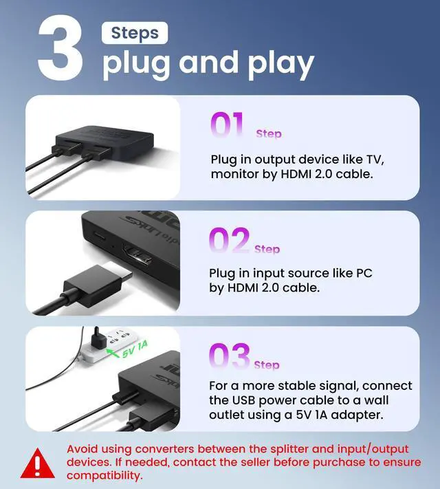 Alt view image 14 of 14 - HDMI Splitter 4K@60Hz, HDMI Splitter 1 in 2 Out-Not Extended Display(Only Mirror Screens), Support 3D Dol-by Vision Atmos HDMI2.0b, HDCP2.2, 18.5Gbps, Auto Downscaling, Full HD 1080P