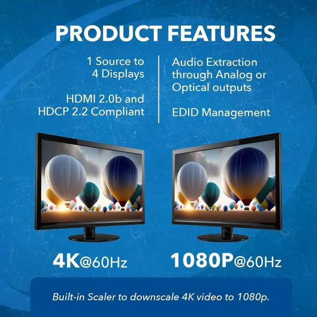 Alt view image 14 of 14 - 1x4 2.0 HDMI Splitter with Scaler Audio Extractor 4 Ports with Full Ultra HDCP 2.4K at 60Hz & 3D Supports EDID Control - UHDS-104A