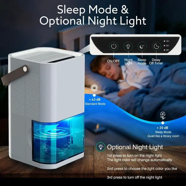 Alt view image 9 of 14 - Dehumidifier Dual Core Compact Quiet for Home. Portable, Auto Shut OFF, 57OZ Water Tank. Delay-Off Timer and Ambient Light. Perfect for Small Bedroom Bathroom Basement RV Camper Closet