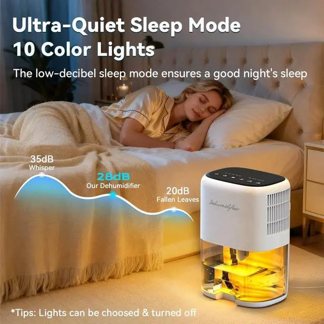 Alt view image 11 of 14 - Small Dehumidifier for Home 44OZ Quiet with Auto Off & Defrost 5 Timers 3 modes 10 Color Lights 3 Brightness 260 Sq.ft Portable Dehumidifiers for Basement Bedroom Bathroom RV Closet