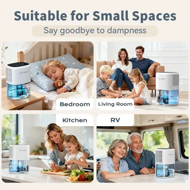 Alt view image 14 of 14 - Small Dehumidifier for Home 44OZ Quiet with Auto Off & Defrost 5 Timers 3 modes 10 Color Lights 3 Brightness 260 Sq.ft Portable Dehumidifiers for Basement Bedroom Bathroom RV Closet