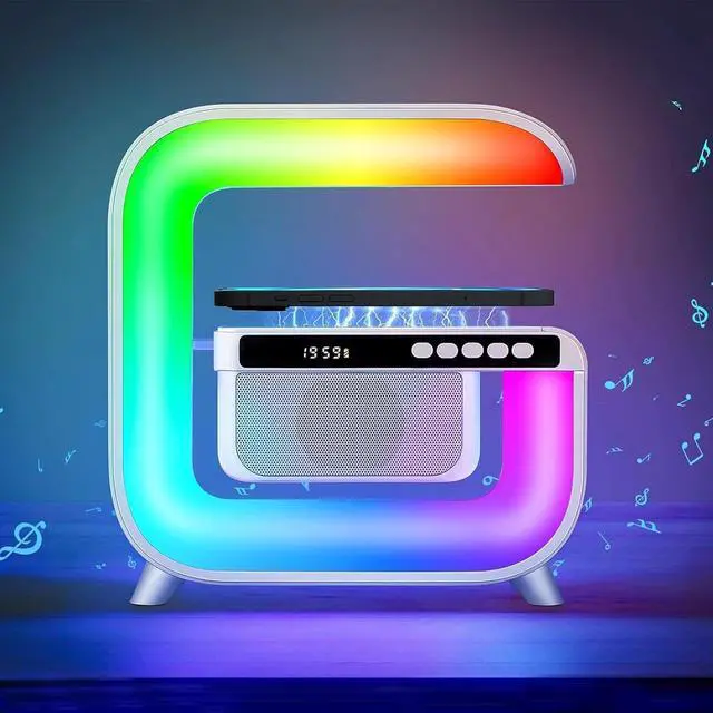 Alt view image 7 of 12 - Table Lamp with Hi-Fi Bluetooth Speaker, Bedside LED Lamp with Up to 15W Qi Wireless Charger, Color Changing Mood Lamp with Alarm Clock, Desk Lamp for Bedroom, Nightstand, Home Decor, Gift - g3