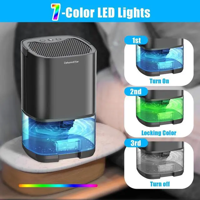Alt view image 9 of 12 - Dehumidifiers for Bedroom 35oz Small Dehumidifier for Home 2500 Cubic Feet(350sq ft) with 7 LED Lights, Ultra Quiet & Auto Shut off Dehumidifier for Bathroom Basement Closet Garage RV, Black