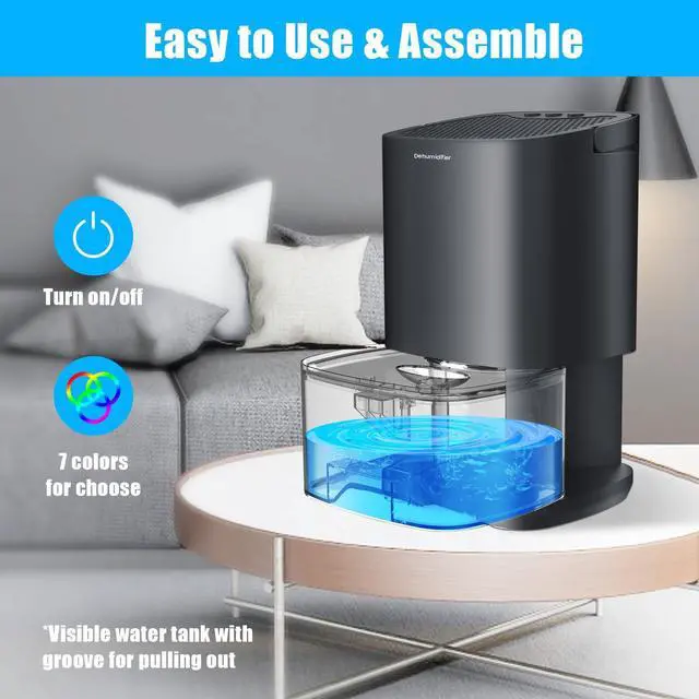 Alt view image 11 of 12 - Dehumidifiers for Bedroom 35oz Small Dehumidifier for Home 2500 Cubic Feet(350sq ft) with 7 LED Lights, Ultra Quiet & Auto Shut off Dehumidifier for Bathroom Basement Closet Garage RV, Black