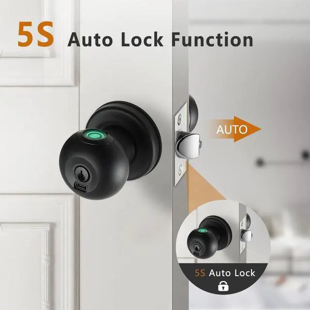 Alt view image 13 of 14 - Fingerprint Door Lock, Smart Fingerprint Door Knob with Lock, Biometric Black Door Lock, Keyless Thumbprint Entry Door Lock for Bedrooms, Hotels, Apartments, Offices and Garages