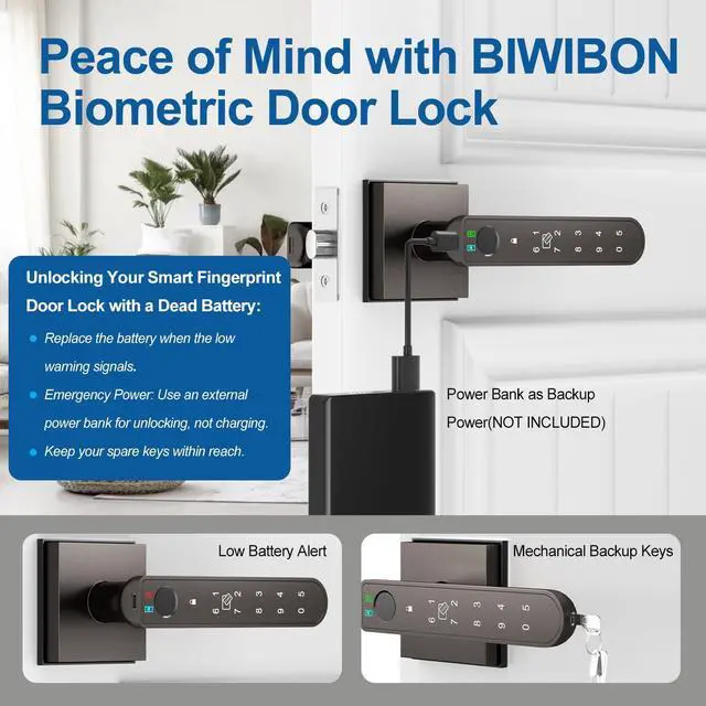 Alt view image 14 of 14 - Fingerprint Door Lock, 5 in 1 Finger Print Door Knob with Smart APP/Fingerprint/IC Cards/Password/Backup Keys, Smart Door Knob with Keypad for Bedroom, Office, Apartment, Starry Grey