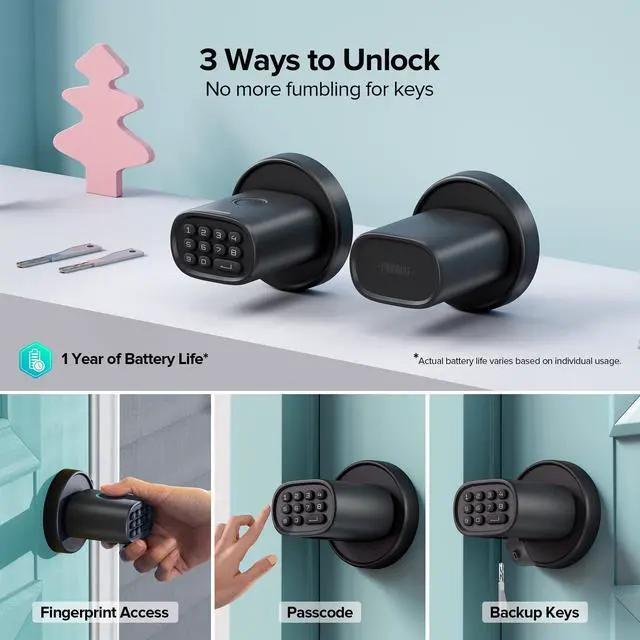 Alt view image 9 of 14 - Fingerprint Door Knob, Keyless Door Knob with Keypad Biometric Electronic Thumbprint, Auto-Lock for Interior Doors for Bedroom, Home, Office, Garage, 4xAA Alkaline (NOT Included), MD1 Black