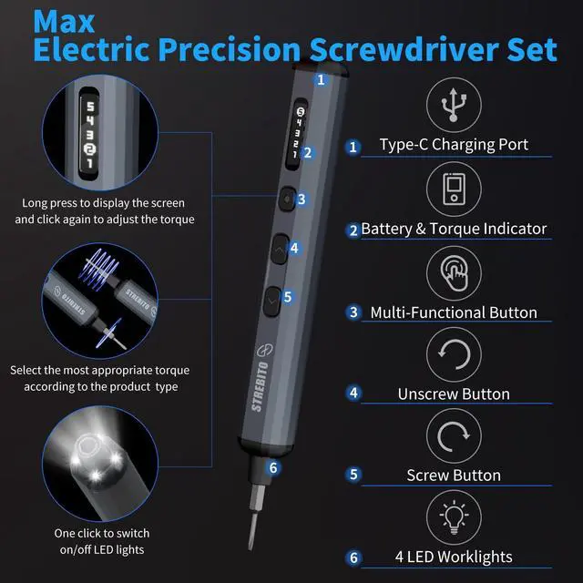 Alt view image 10 of 14 - Mini Electric Screwdriver Set, 70 in 1 Small Electric Screwdriver - 64 S2 Preicison Bits, 5 Torque Settings, 4 LED Lights, Mini Power Screwdriver Repair Tool Kit for PC Electronic (Upgraded)