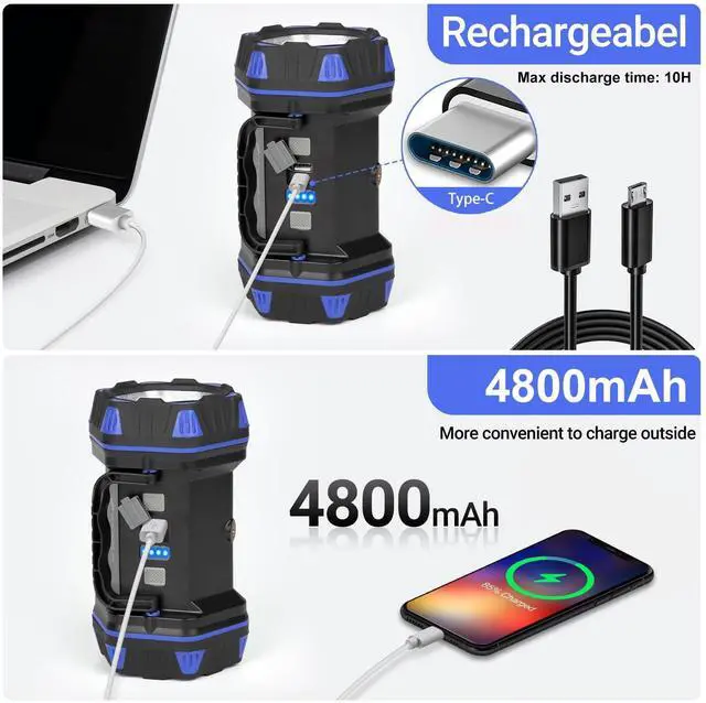 Alt view image 13 of 14 - Led Camping Lantern Rechargeable, Camping Flashlight 1500LM, 8 Light Modes, Camping Lights 4800 Capacity, Portable Bright Flash Light for Emergencies, Power Outages, Hurricane, Hiking (Blue 1PACK).