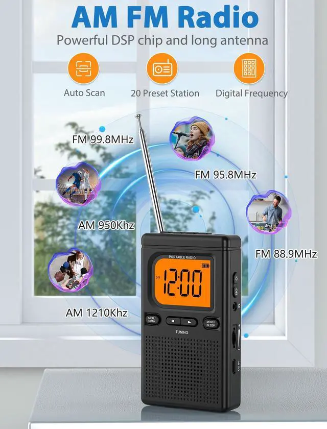 Alt view image 11 of 14 - 2000mAh Rechargeable AM FM Radio with Bluetooth Portable Transistor Pocket Radio with Best Reception Digital Tuning, Flashlight,LCD Screen,Earphone Jack, Sleep Timer and Alarm Clock for Jogging