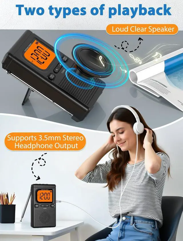 Alt view image 13 of 14 - 2000mAh Rechargeable AM FM Radio with Bluetooth Portable Transistor Pocket Radio with Best Reception Digital Tuning, Flashlight,LCD Screen,Earphone Jack, Sleep Timer and Alarm Clock for Jogging