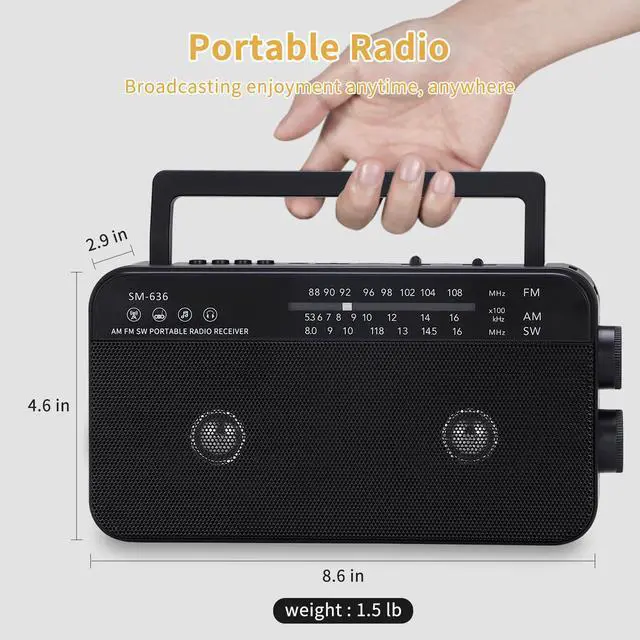 Alt view image 12 of 14 - Portable AM FM Shortwave Radio with Bluetooth Speaker Plug in Wall, 3X D Cell Batteries Or AC Power Transistor Radio with 2 Tone Mode, Double Loud Speakers, Support AUX/USB/TF Card Play