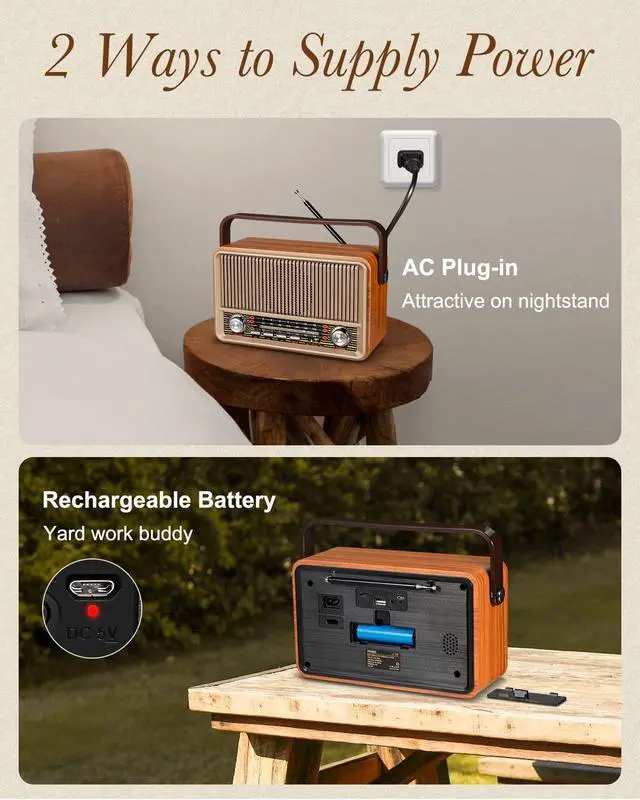 Alt view image 8 of 12 - J-120 Radio Portable AM FM, Gift for Dad and Mom,Plug in Wall or Rechargeable Battery Powered Transistor Radio for Home Outdoor Emergency Use,Retro Vintage Bluetooth Speaker