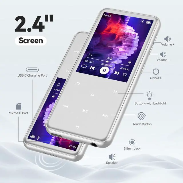 Alt view image 12 of 14 - 64GB MP3 Player with Bluetooth, M3 2.4 inch Music Player with Speaker and FM Radio, Touch Buttons, Supports Up to 128GB(Silver)
