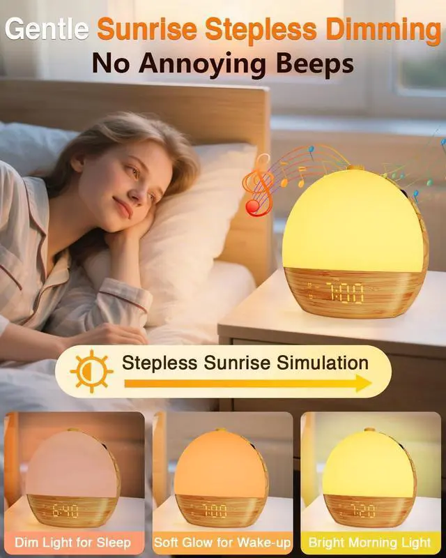 Alt view image 9 of 14 - Sunrise Alarm Clock with Sound Machine - Wake Up Light, Wood Grain, Bluetooth, Dual Digital Alarm Clocks for Bedrooms, Adjustable Brightness, 30 Sleep Sounds, White Noise Machine for Baby & Adults