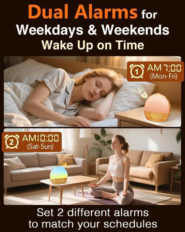 Alt view image 10 of 14 - Sunrise Alarm Clock with Sound Machine - Wake Up Light, Wood Grain, Bluetooth, Dual Digital Alarm Clocks for Bedrooms, Adjustable Brightness, 30 Sleep Sounds, White Noise Machine for Baby & Adults