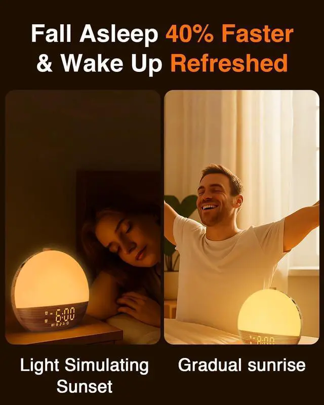 Alt view image 14 of 14 - Sunrise Alarm Clock with Sound Machine - Wake Up Light, Wood Grain, Bluetooth, Dual Digital Alarm Clocks for Bedrooms, Adjustable Brightness, 30 Sleep Sounds, White Noise Machine for Baby & Adults