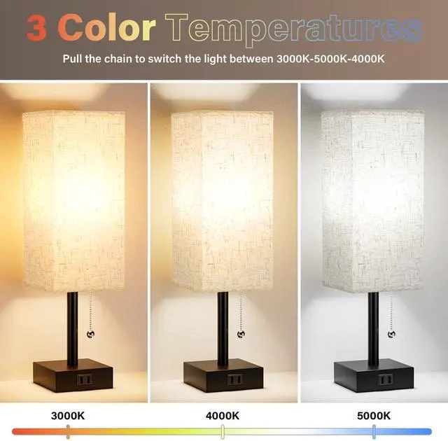 Alt view image 9 of 14 - Bedside Table Lamps for Bedroom Set of 2 - Small Rectangular Nightstand Lamp with AC Outlet Charging Port, 3 Color Temperatures Desk Light with Bulb, Tabletop Reading Lamp for Living Room/Dorm/Office