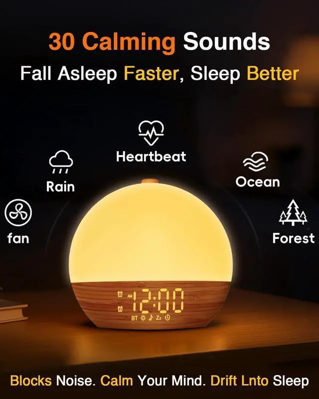 Alt view image 12 of 14 - Sunrise Alarm Clock with Sound Machine - Wake Up Light, Wood Grain, Bluetooth, Dual Digital Alarm Clocks for Bedrooms, Adjustable Brightness, 30 Sleep Sounds, White Noise Machine for Baby & Adults