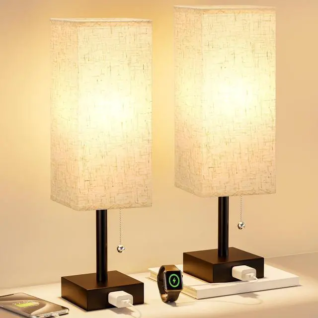 Alt view image 8 of 14 - Bedside Table Lamps for Bedroom Set of 2 - Small Rectangular Nightstand Lamp with AC Outlet Charging Port, 3 Color Temperatures Desk Light with Bulb, Tabletop Reading Lamp for Living Room/Dorm/Office