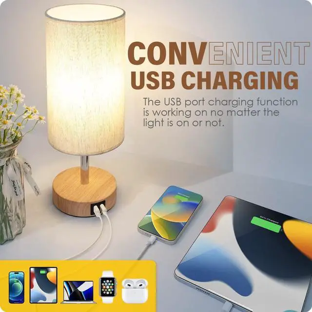 Alt view image 13 of 14 - Bedside Lamps with USB Port - Touch Control Table Lamp for Bedroom Wood 3 Way Dimmable Nightstand Lamp Set of 2 with Round Flaxen Fabric Shade for Living Room, Dorm, Home Office (2 Pack)