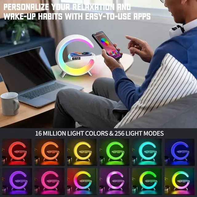 Alt view image 12 of 14 - Smart LED Table Lamp, 4-in-1 Wireless Charger, Night Light, Alarm Clock, and Bluetooth Speaker with App Control for Bedroom, Office, and Home Decor (White)