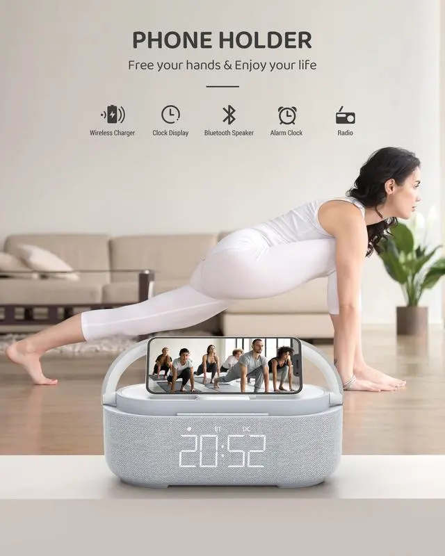Alt view image 12 of 14 - Bluetooth Speaker Alarm Clock with Wireless Charger, FM Radio, Adjustable LED Night Light, 6 in 1 Bedroom Portable Speaker 2500mAh, Phone Stand for Bedside, Home, Office, Gift (Gray)