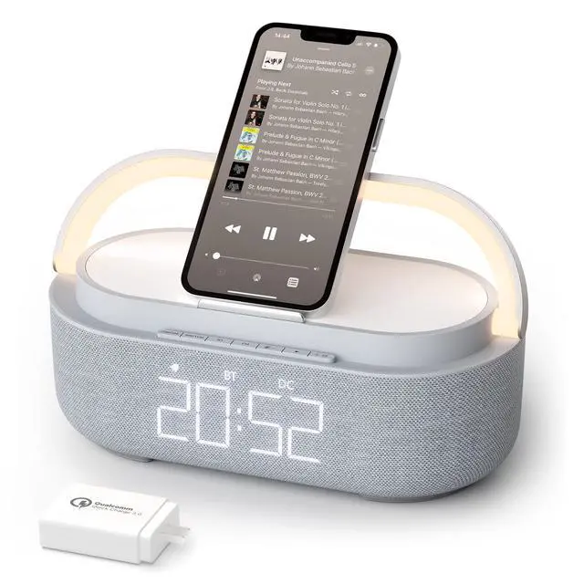 Alt view image 8 of 14 - Bluetooth Speaker Alarm Clock with Wireless Charger, FM Radio, Adjustable LED Night Light, 6 in 1 Bedroom Portable Speaker 2500mAh, Phone Stand for Bedside, Home, Office, Gift (Gray)