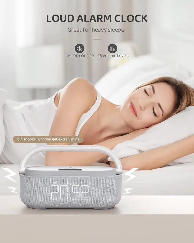 Alt view image 9 of 14 - Bluetooth Speaker Alarm Clock with Wireless Charger, FM Radio, Adjustable LED Night Light, 6 in 1 Bedroom Portable Speaker 2500mAh, Phone Stand for Bedside, Home, Office, Gift (Gray)