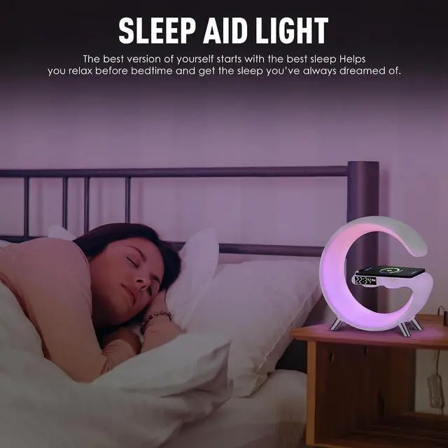 Alt view image 14 of 14 - Smart LED Table Lamp, 4-in-1 Wireless Charger, Night Light, Alarm Clock, and Bluetooth Speaker with App Control for Bedroom, Office, and Home Decor (White)