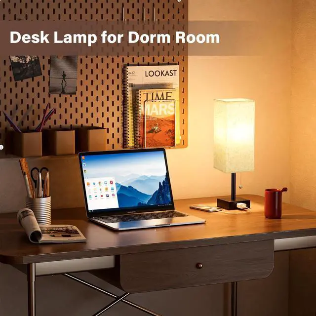 Alt view image 10 of 14 - Bedside Table Lamps for Bedroom Set of 2 - Small Rectangular Nightstand Lamp with AC Outlet Charging Port, 3 Color Temperatures Desk Light with Bulb, Tabletop Reading Lamp for Living Room/Dorm/Office