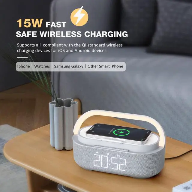 Alt view image 13 of 14 - Bluetooth Speaker Alarm Clock with Wireless Charger, FM Radio, Adjustable LED Night Light, 6 in 1 Bedroom Portable Speaker 2500mAh, Phone Stand for Bedside, Home, Office, Gift (Gray)