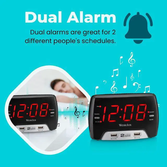 Alt view image 13 of 14 - Large 1.4 Red LED Digital FM Clock Radio with Dual USB A & C Charging Ports, Adjustable Brightness, Dual Alarms & Sleep Timer Modern Alarm Clock for Bedroom, Home, or Office (Black)