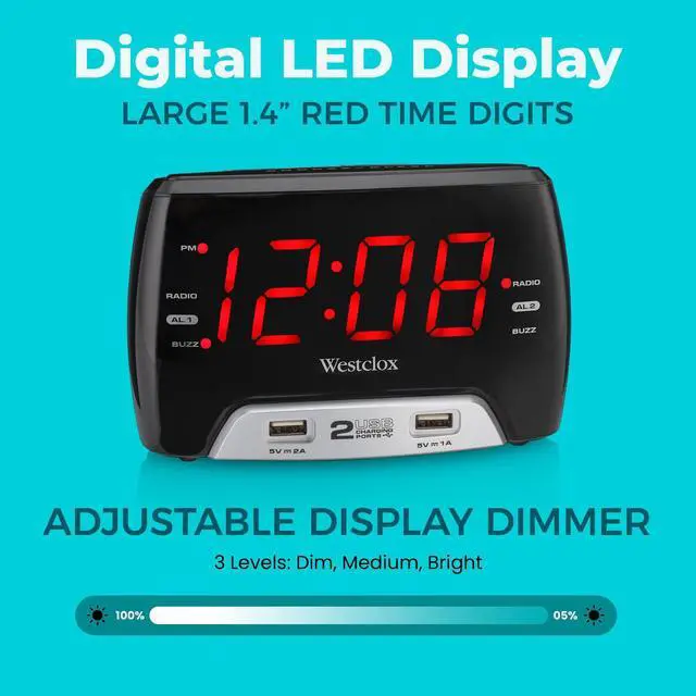 Alt view image 9 of 14 - Large 1.4 Red LED Digital FM Clock Radio with Dual USB A & C Charging Ports, Adjustable Brightness, Dual Alarms & Sleep Timer Modern Alarm Clock for Bedroom, Home, or Office (Black)