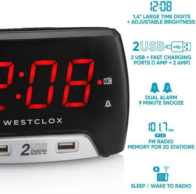 Alt view image 14 of 14 - Large 1.4 Red LED Digital FM Clock Radio with Dual USB A & C Charging Ports, Adjustable Brightness, Dual Alarms & Sleep Timer Modern Alarm Clock for Bedroom, Home, or Office (Black)