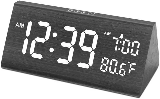Alt view image 8 of 14 - Wooden Digital Alarm Clock for Bedroom - 7.7" Electric Clocks with USB Port, Large Numbers, Temperature, 0-100% Brightness Dimmer, Adjustable Alarm Volume, Snooze, 12/24H