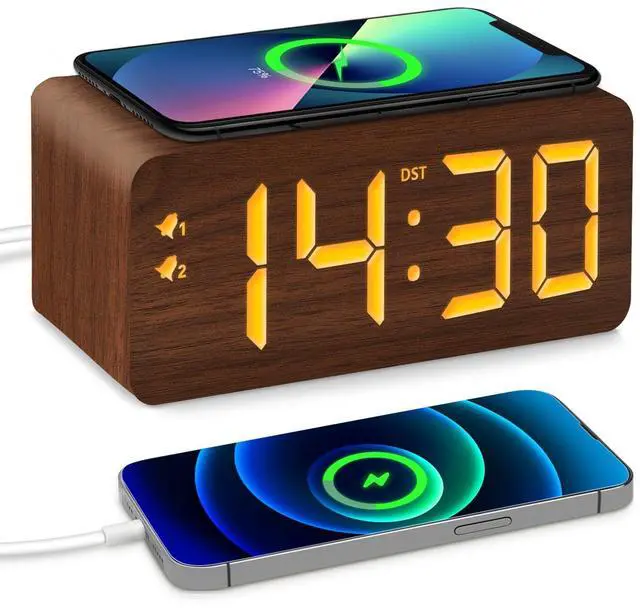 Alt view image 8 of 14 - Wood Digital Alarm Clock with 10W Fast Wireless Charger, USB Charging Ports, DST, Dimmable, Snooze, Large Number LED Display for Bedrooms, Desk, Living Room Table, Bedside, Nightstand (Brown)