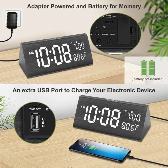 Alt view image 13 of 14 - Wooden Digital Alarm Clock for Bedroom - 7.7" Electric Clocks with USB Port, Large Numbers, Temperature, 0-100% Brightness Dimmer, Adjustable Alarm Volume, Snooze, 12/24H