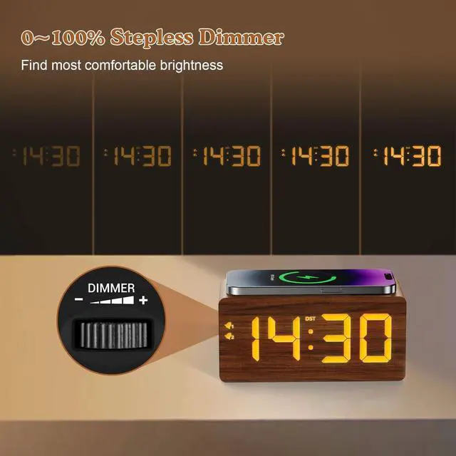 Alt view image 10 of 14 - Wood Digital Alarm Clock with 10W Fast Wireless Charger, USB Charging Ports, DST, Dimmable, Snooze, Large Number LED Display for Bedrooms, Desk, Living Room Table, Bedside, Nightstand (Brown)