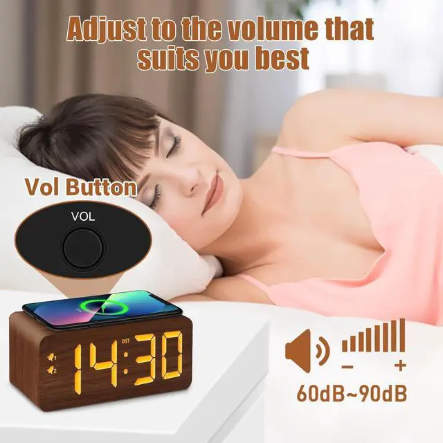 Alt view image 14 of 14 - Wood Digital Alarm Clock with 10W Fast Wireless Charger, USB Charging Ports, DST, Dimmable, Snooze, Large Number LED Display for Bedrooms, Desk, Living Room Table, Bedside, Nightstand (Brown)