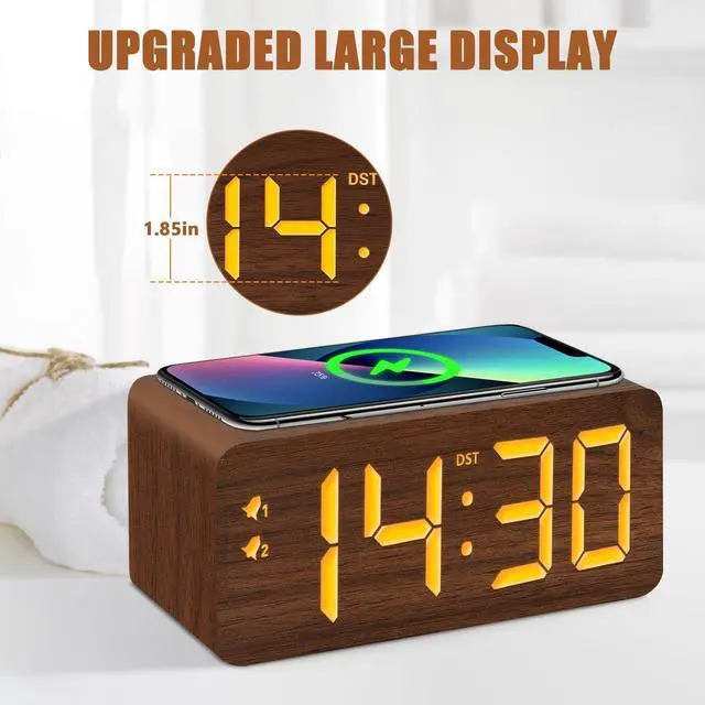 Alt view image 9 of 14 - Wood Digital Alarm Clock with 10W Fast Wireless Charger, USB Charging Ports, DST, Dimmable, Snooze, Large Number LED Display for Bedrooms, Desk, Living Room Table, Bedside, Nightstand (Brown)