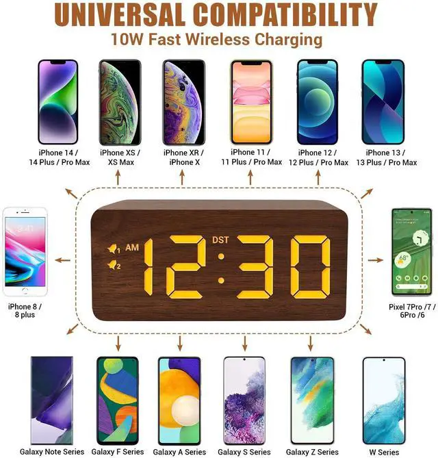 Alt view image 11 of 14 - Wood Digital Alarm Clock with 10W Fast Wireless Charger, USB Charging Ports, DST, Dimmable, Snooze, Large Number LED Display for Bedrooms, Desk, Living Room Table, Bedside, Nightstand (Brown)