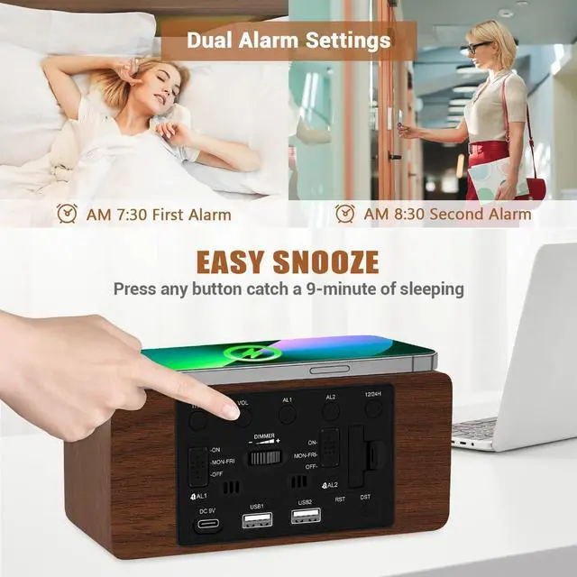 Alt view image 12 of 14 - Wood Digital Alarm Clock with 10W Fast Wireless Charger, USB Charging Ports, DST, Dimmable, Snooze, Large Number LED Display for Bedrooms, Desk, Living Room Table, Bedside, Nightstand (Brown)